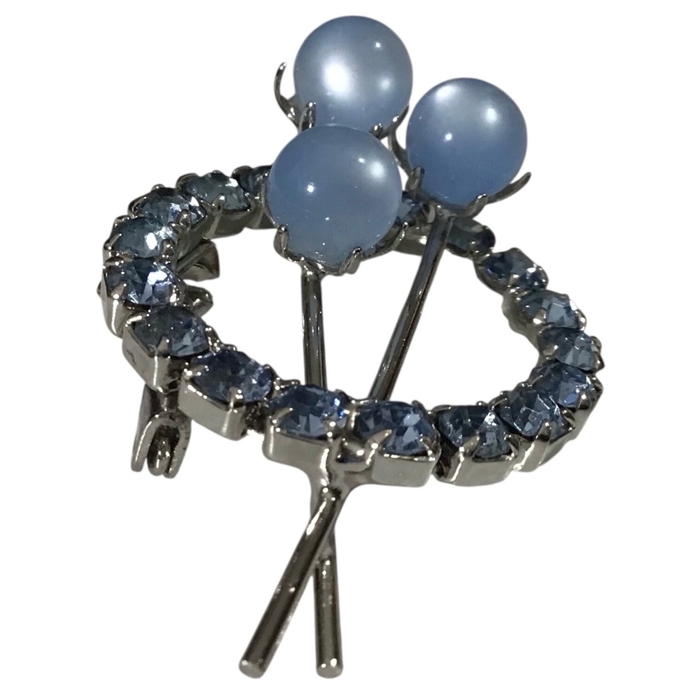 Blue Rhinestone Brooch Pearls Pin Round Silver Tone Fashion Jewelry Vtg